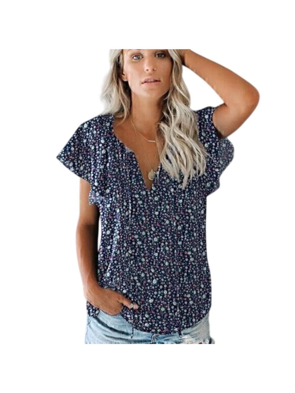 SimpleFun Women’s Small Blouse Boho Floral V-Neck Short Sleeve Blouse
